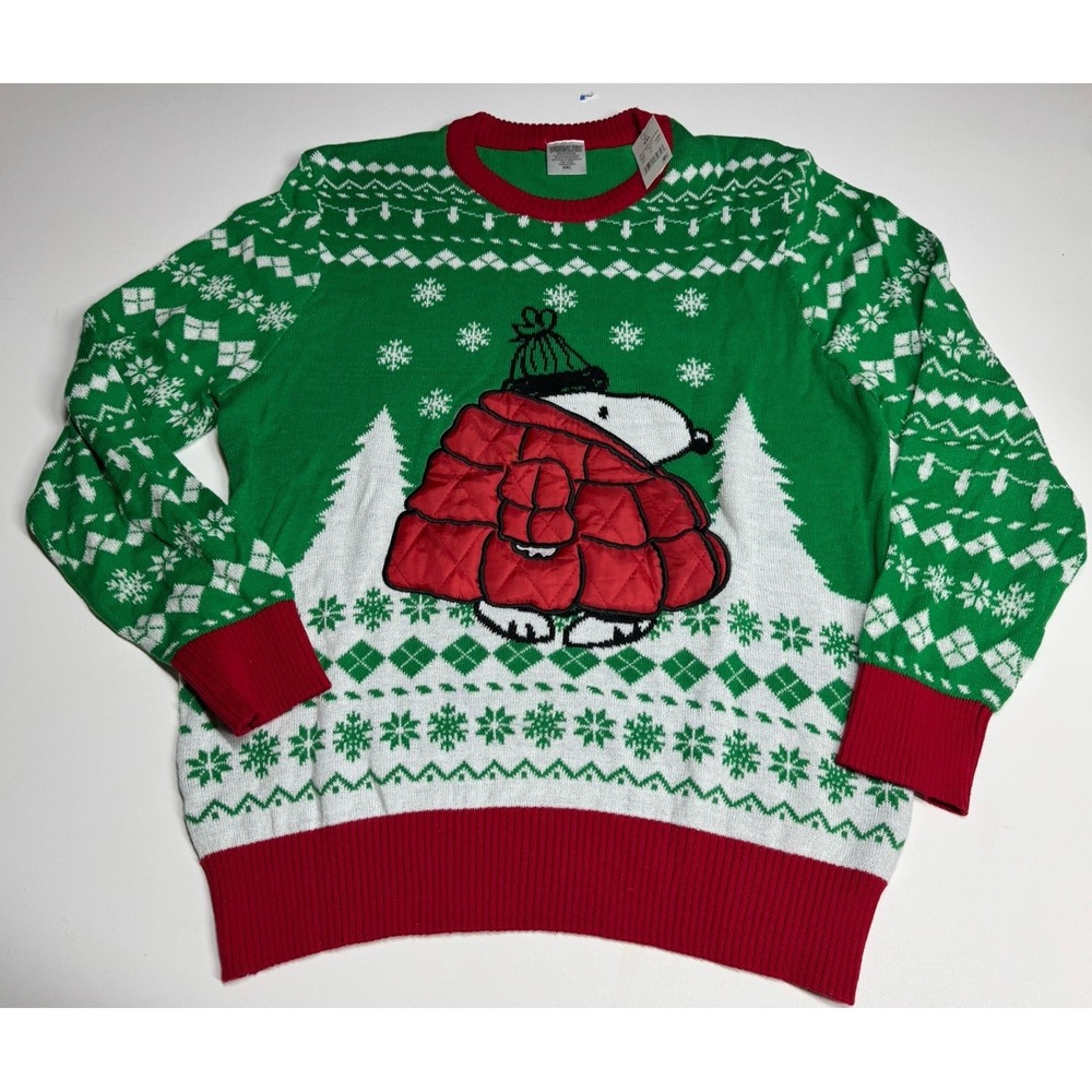 Peanuts Snoopy Sweater Mens XXL Red Puffer Jacket Ugly Sweater Holiday New